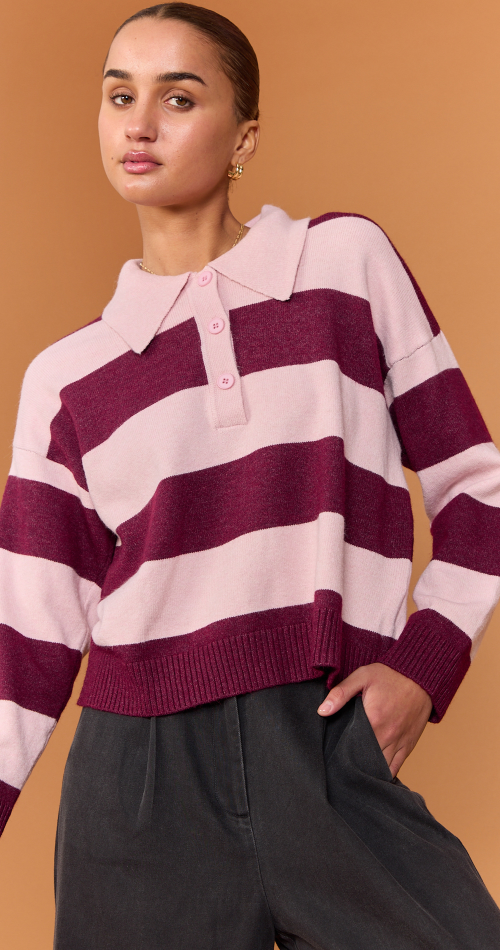 Stefi Rugby Knit - Pink Burgundy Stripe