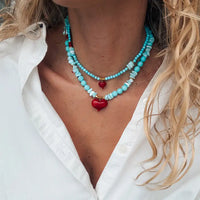 Semiprecious Howlite Turquoise Beads Necklace with Red Heart