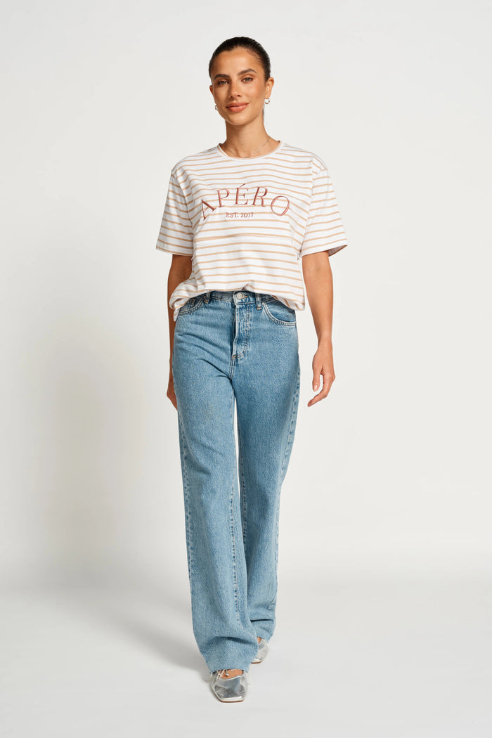 Heritage Stripe Panel Tee - White / Beige / Plum - Sare StoreApero LabelTshirt
