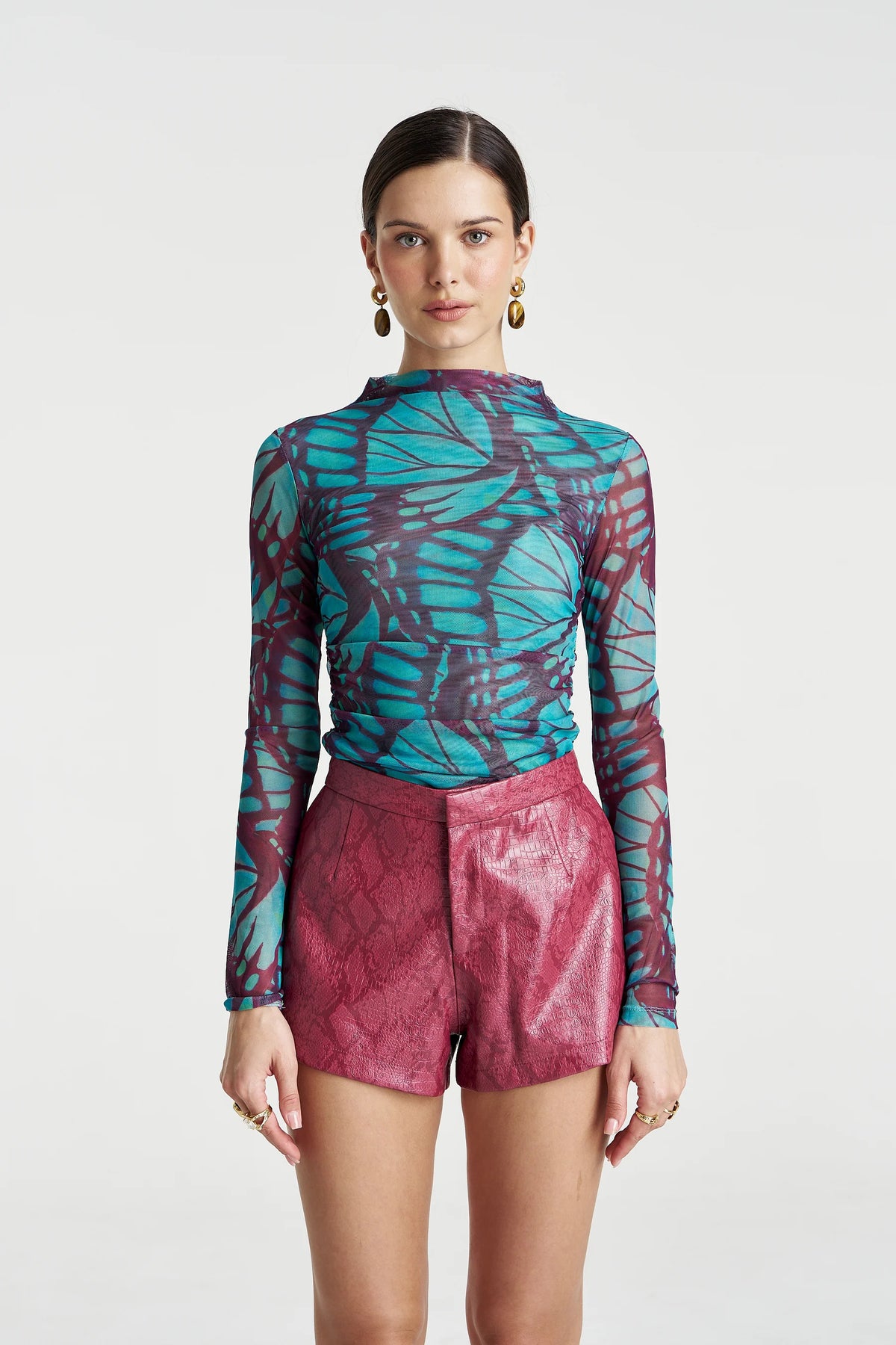 Mesh LS Rouched Skivvy - Jade Butterfly