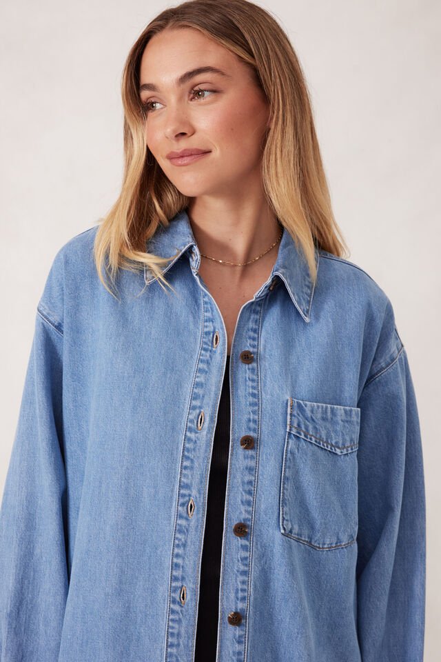 Longline Panelled Denim Shirt - Mid Vintage Blue - Sare StoreCeres LifeShirt