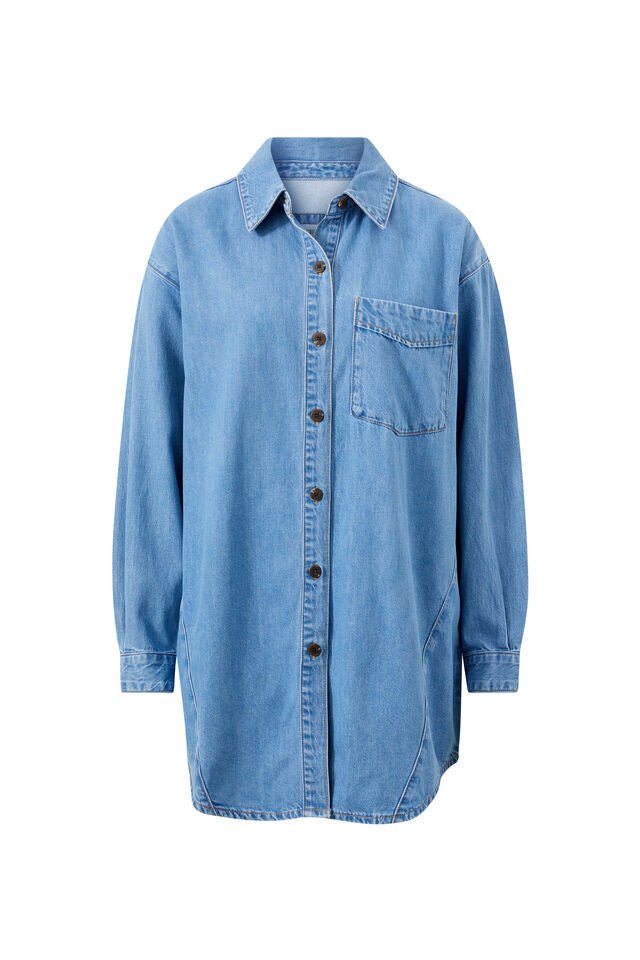 Longline Panelled Denim Shirt - Mid Vintage Blue - Sare StoreCeres LifeShirt