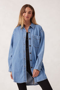Longline Panelled Denim Shirt - Mid Vintage Blue - Sare StoreCeres LifeShirt