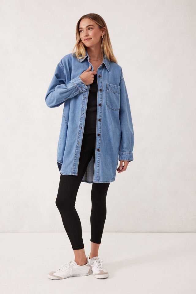Longline Panelled Denim Shirt - Mid Vintage Blue - Sare StoreCeres LifeShirt