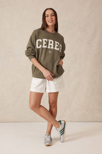 Oversized Slouchy Crew - Khaki Cream Heritage Logo - Sare StoreSare Store