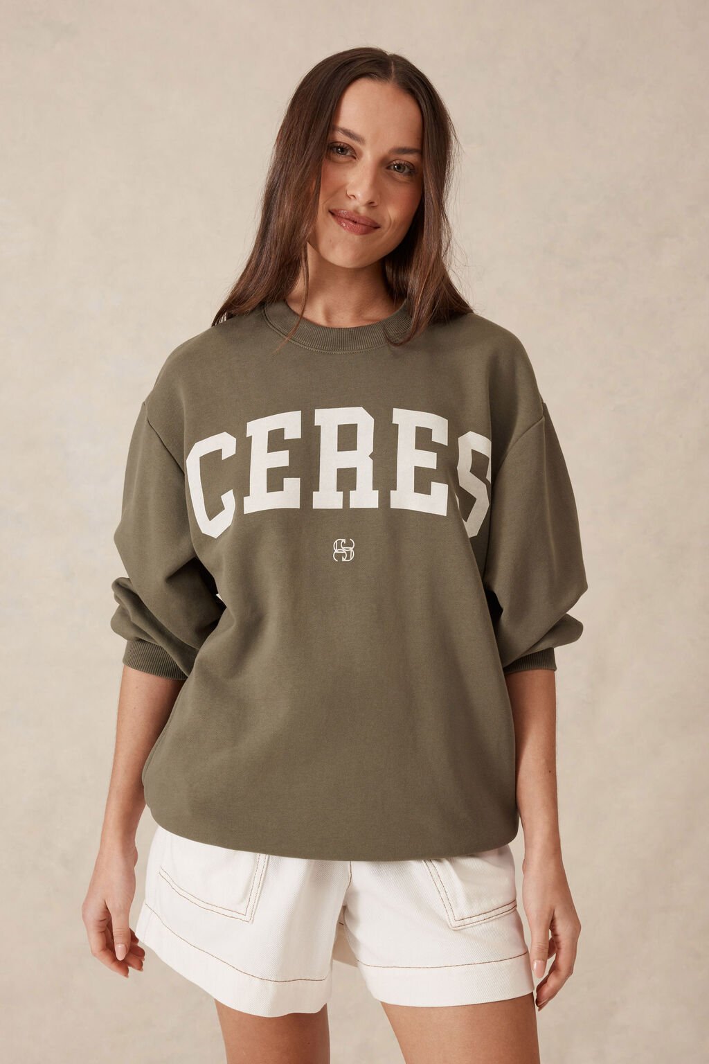 Oversized Slouchy Crew - Khaki Cream Heritage Logo - Sare StoreSare Store