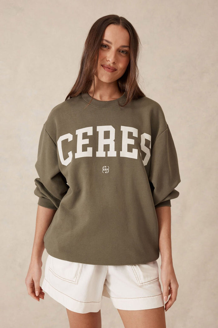 Oversized Slouchy Crew - Khaki Cream Heritage Logo - Sare StoreSare Store