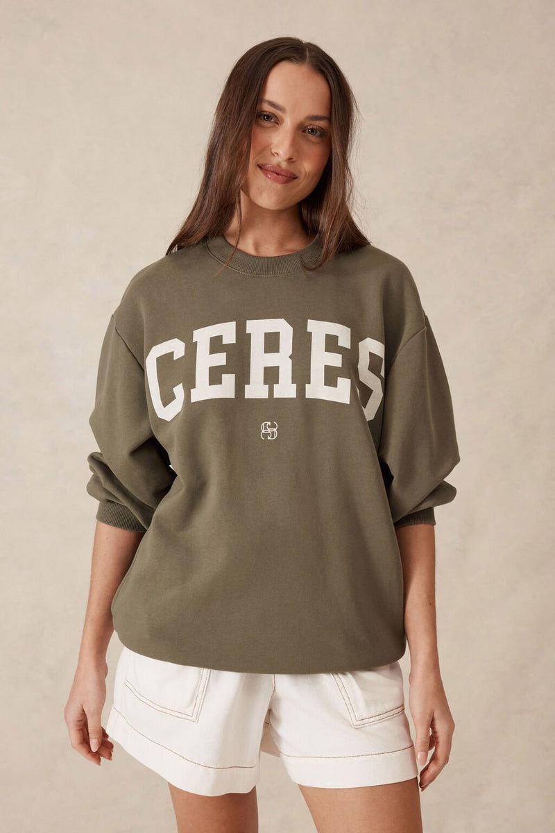 Oversized Slouchy Crew - Khaki Cream Heritage Logo - Sare StoreSare Store