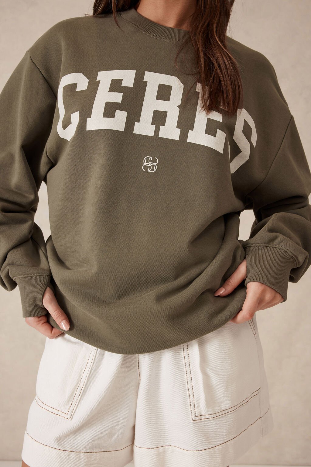 Oversized Slouchy Crew - Khaki Cream Heritage Logo - Sare StoreSare Store