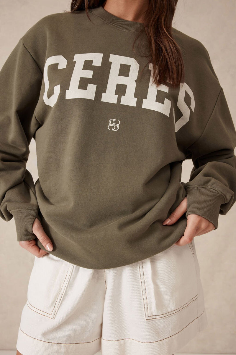 Oversized Slouchy Crew - Khaki Cream Heritage Logo - Sare StoreSare Store