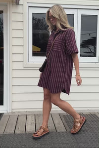 Sara Mini Shirt Dress - Wine Printed Pinstripe. Ceres Life