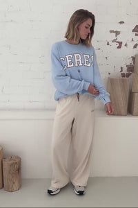 Isla Oversized Slouchy Crew - China Blue/Mulberry Heritage Outline. Ceres Life
