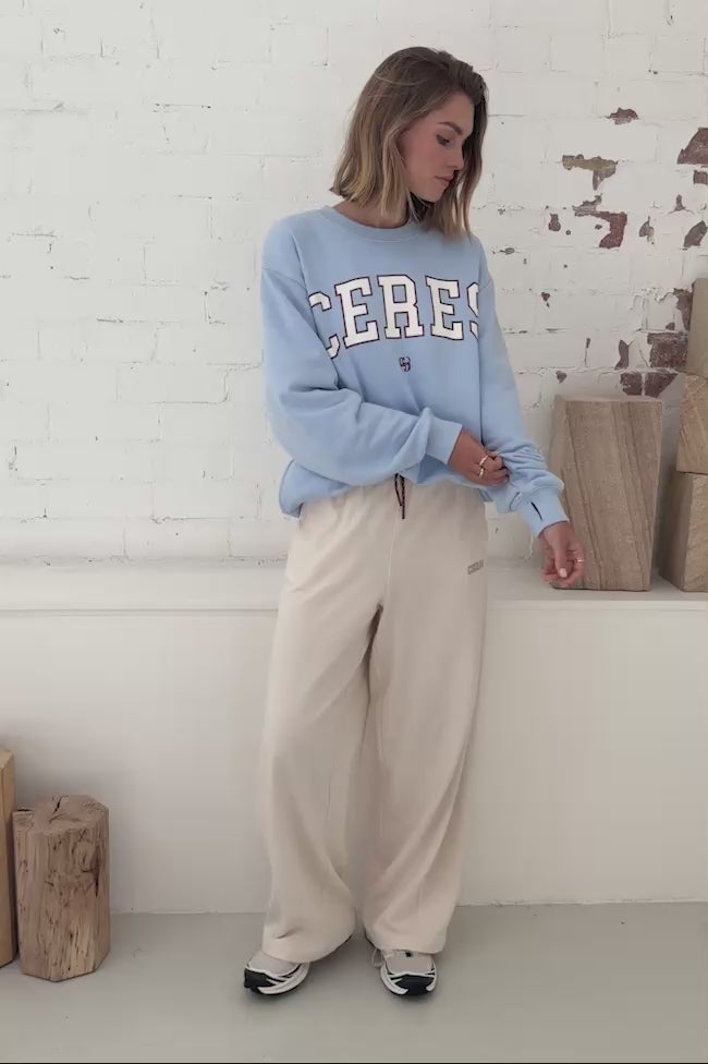 Isla Oversized Slouchy Crew - China Blue/Mulberry Heritage Outline. Ceres Life