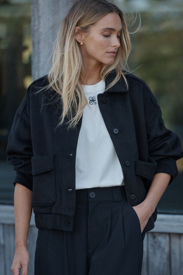 Relaxed Collared Bomber Jacket - Black Wool Blend - Sare StoreCeres LifeJacket