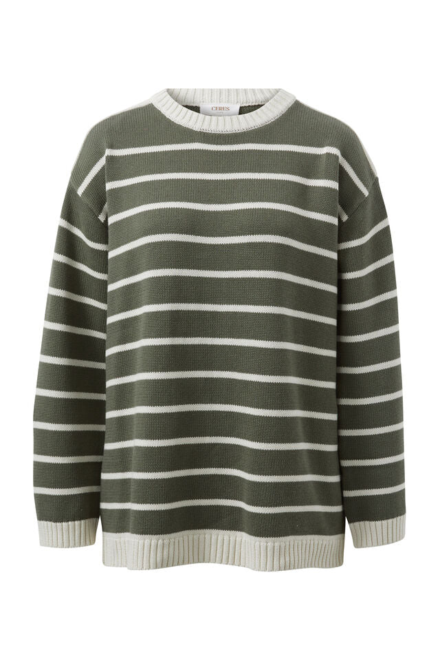 Relaxed Crew Tunic - Soft Olive/ECRU Stripe - Sare StoreCeres LifeTunics