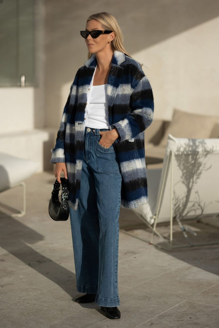 Relaxed Mid Length Coat In Wool Blend-Ombre Check/White Blue - Sare StoreCeres LifeCoat