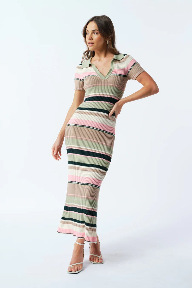 Remi Stripe Ribbed Knit Midi Dress - Green Multi Stripe - Sare StoreApero LabelDress