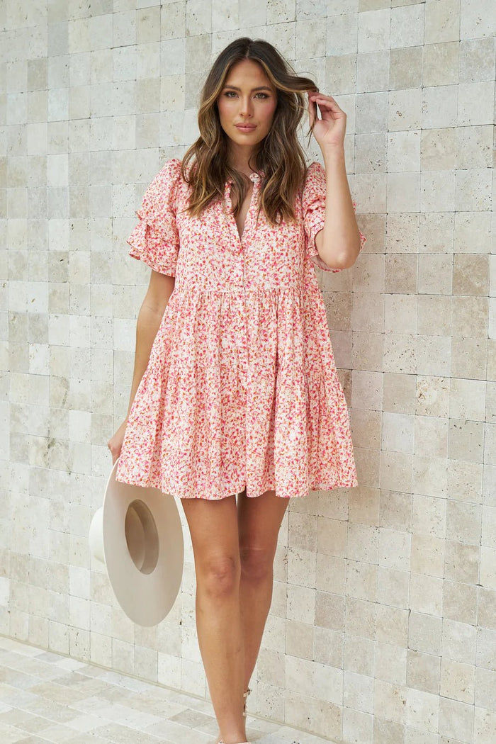 Rosetta Linen Babydoll Mini Dress - Pink Multi - Sare StoreApero LabelDress