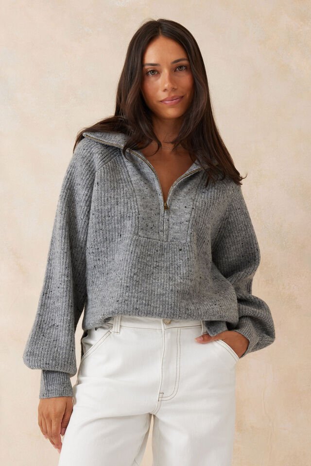 Slouchy Zip Knit - Mid Grey Nep - Sare StoreCeres LifeSweater