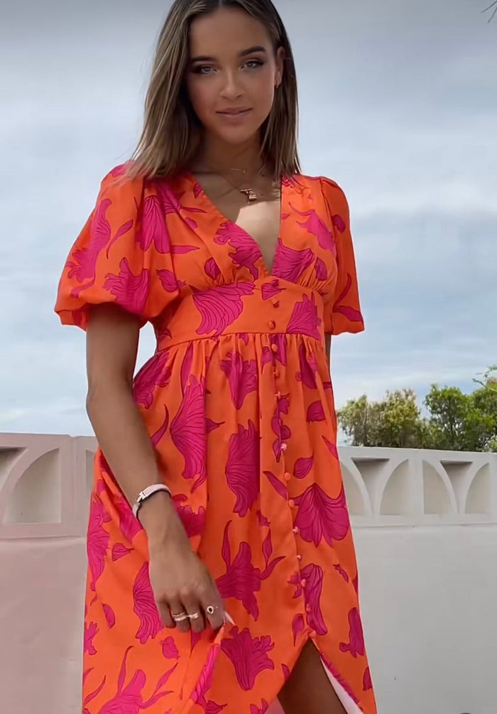 Sunset Hibiscus Button Through V Neck Puff Sleeve Dress - Sare StoreSare StoreDress