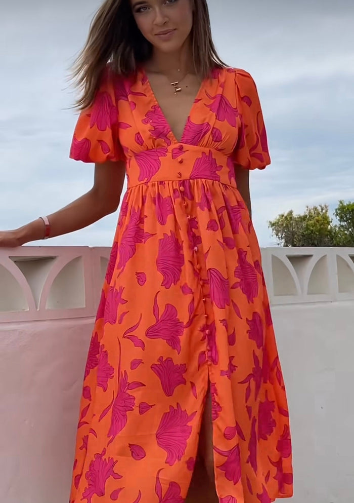 Sunset Hibiscus Button Through V Neck Puff Sleeve Dress - Sare StoreSare StoreDress
